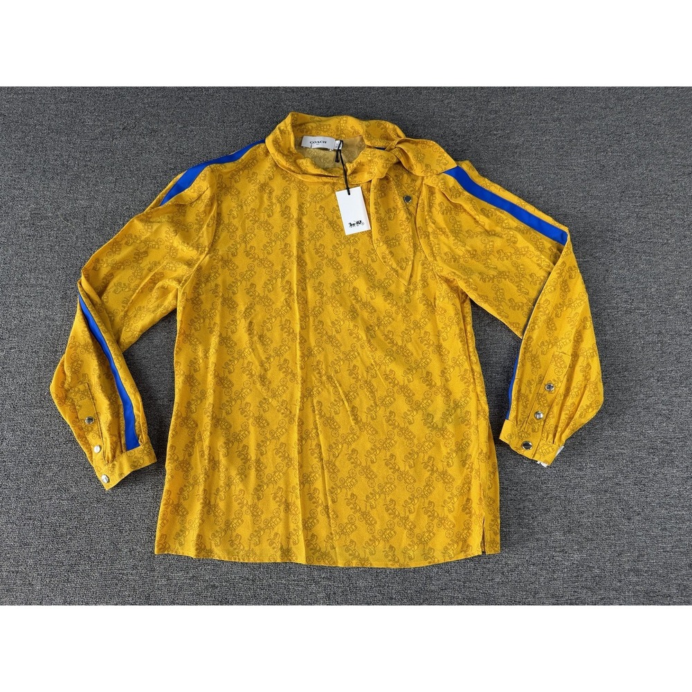 Coach Blouse Womens 4 Yellow‎ Horse Carriage Silk Tie Neck Long Sleeve Print
